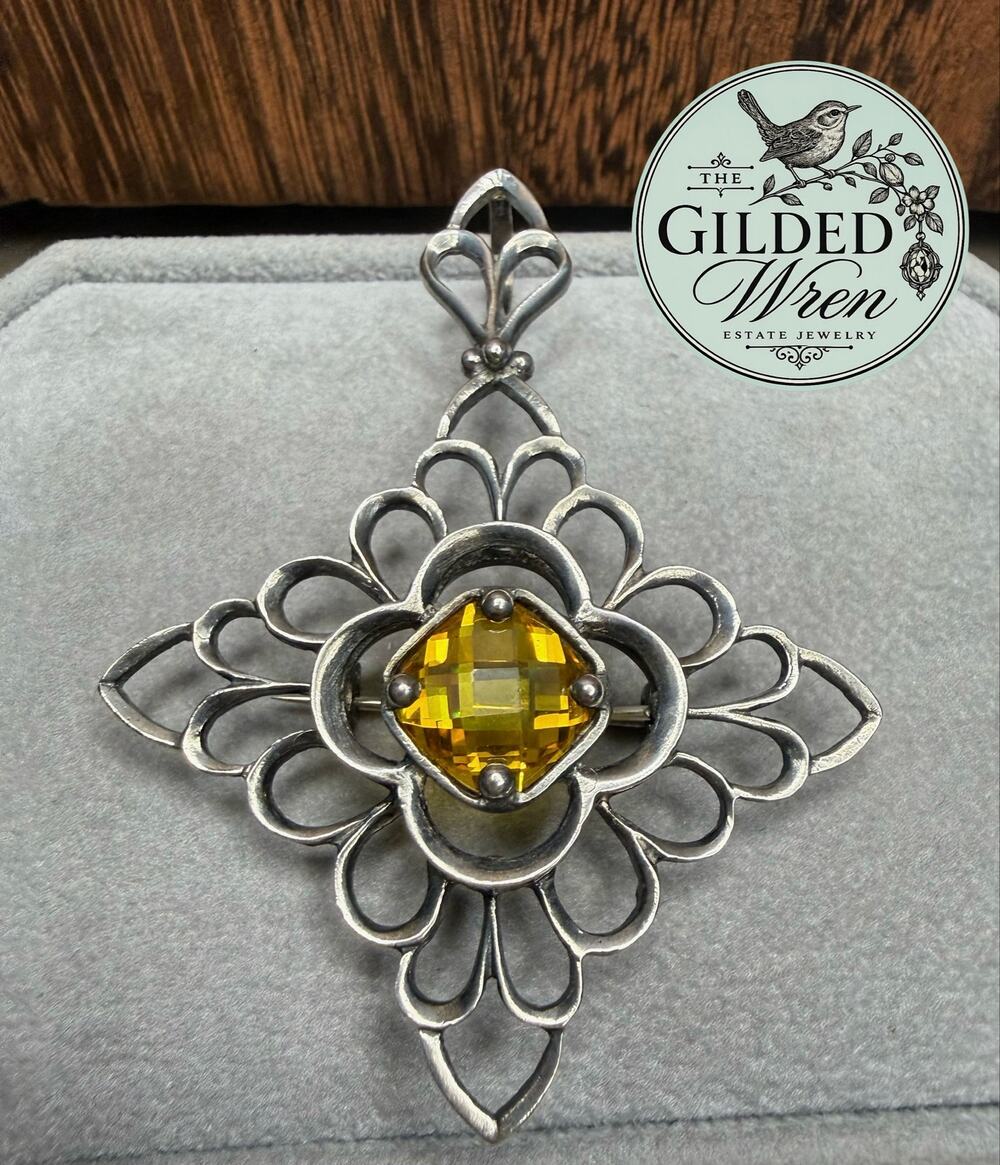 Silpada S1222 Sterling Silver Yellow Stone Brooch Pendant 3"